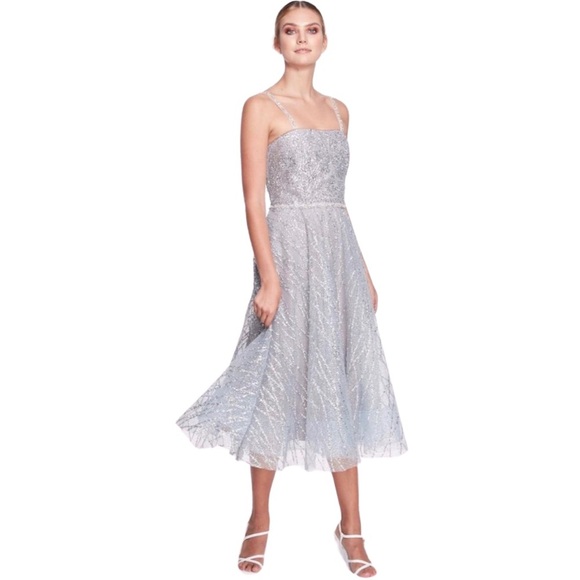 Marchesa Notte Silver Beaded Glitter Tulle Sparkling Tea Length Gown NWT - Picture 4 of 14